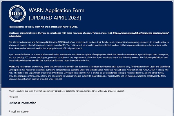 Screenshot of online WARN application
