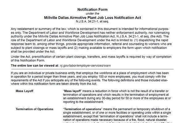 Screenshot of paper WARN application