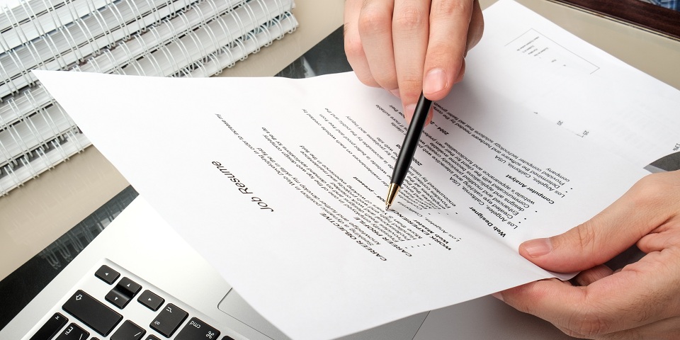 a person reviewing a printed resume