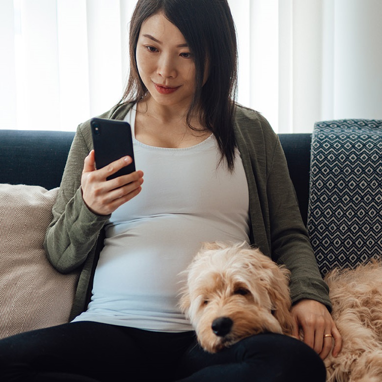 woman sitting on couch with her dog looking at her phone
