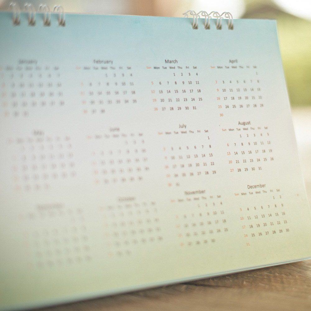 A printed desk calendar showing all 12 months at a glance