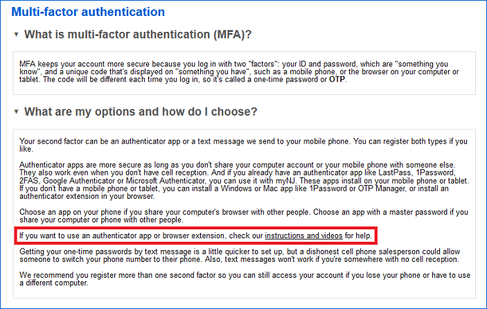 Image of multi-factor authentication description and options on 'my account' page
