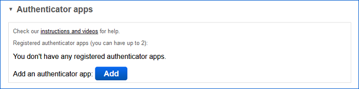 Image of multi-factor authentication authenticator app section on 'my account' page