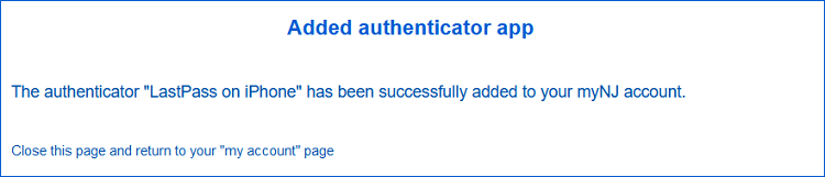 Image of confirmation message that authenticator app has been added