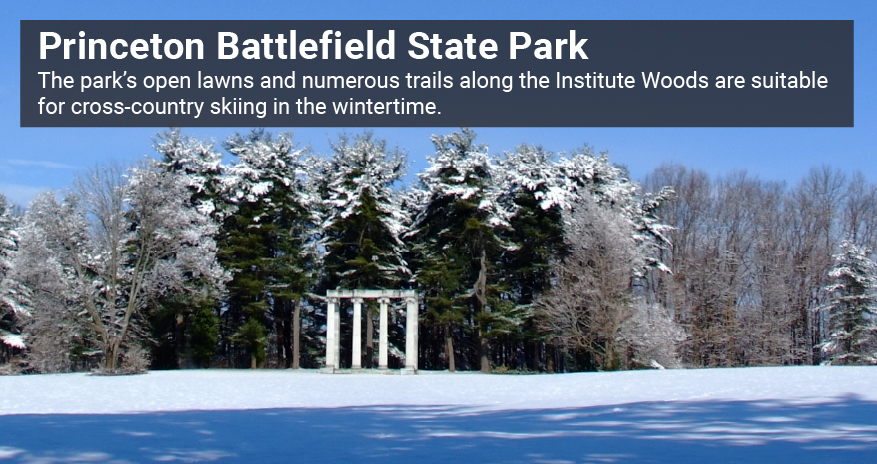 Photo of snow field with trees and columns monument. Princeton Battlefield State Park