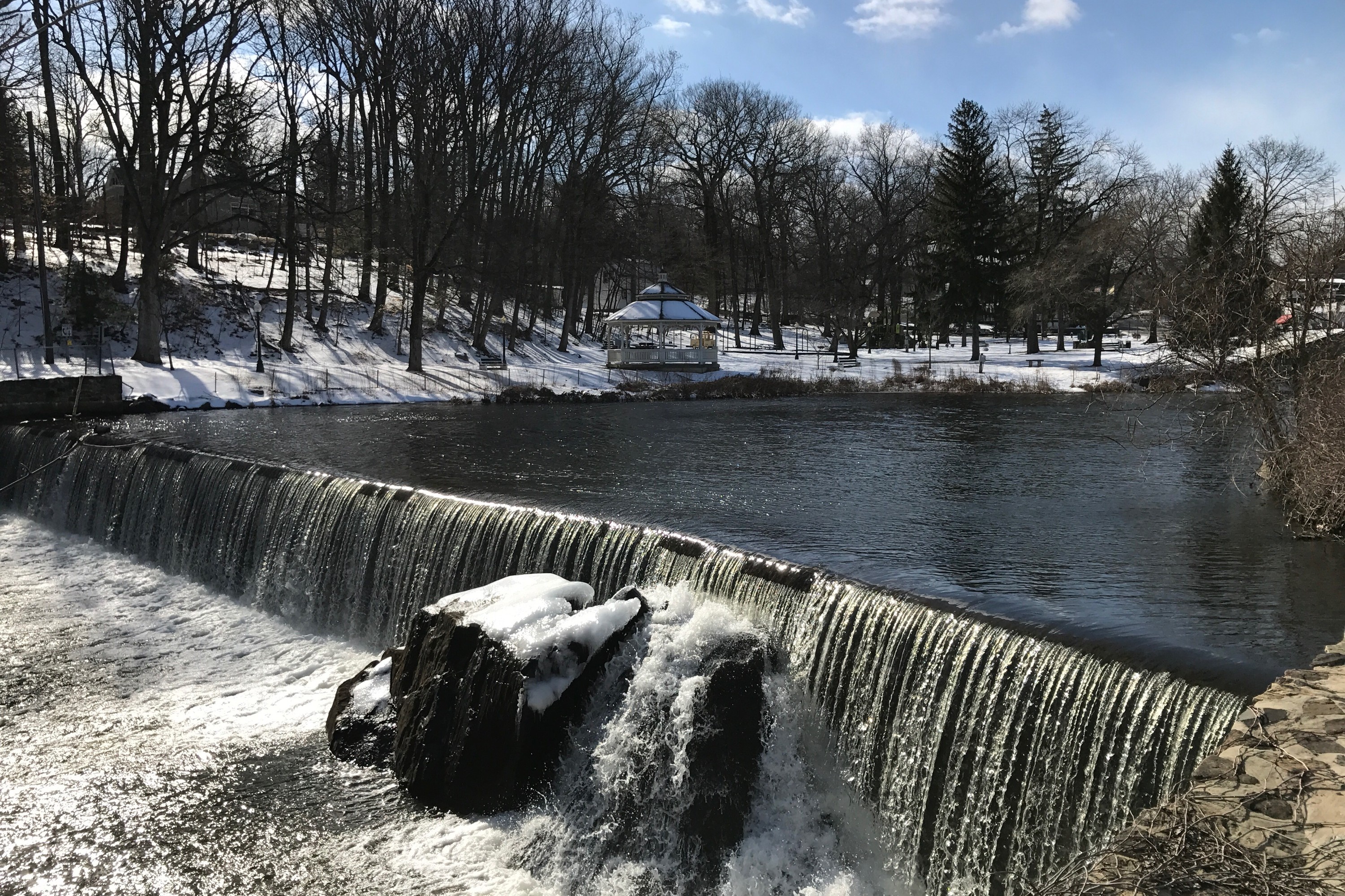water rushing over a low dam