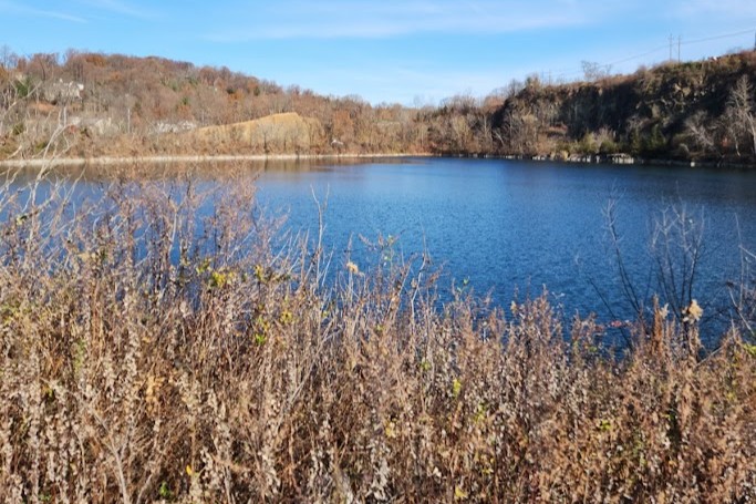 body of water surrounded by tall grass and hills in the distance
