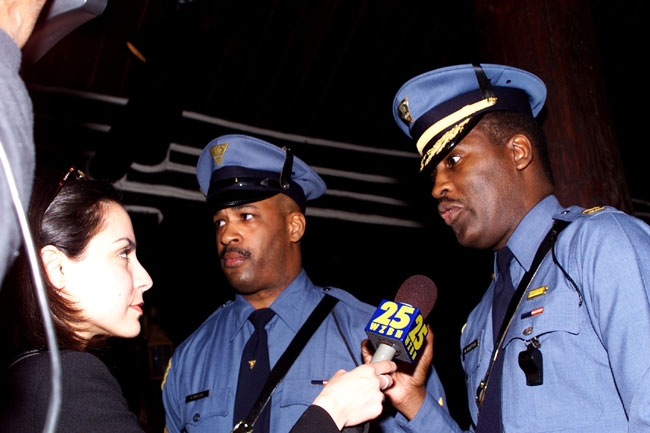 Capt. Walt Anterson being interviewed. Sgt. Brian Royster in background.