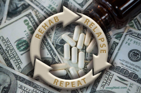 image of pills on money with a circle with arrow with the words rehab, release, repeat