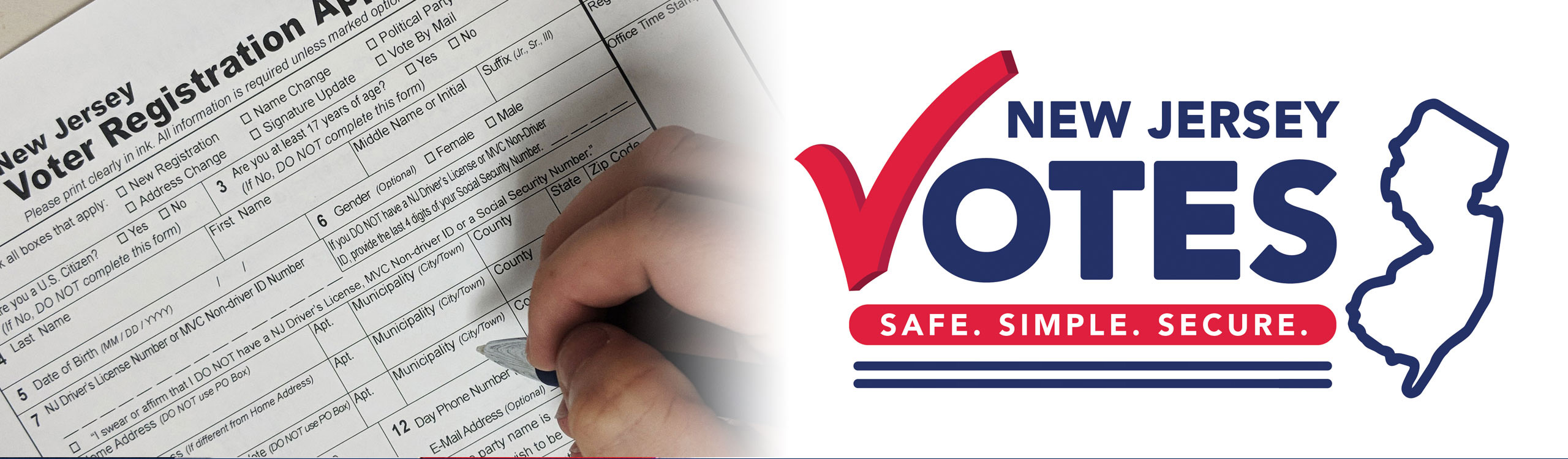 Register Vote - Image of Hand filling out Registration Form and the NJ Votes Logo