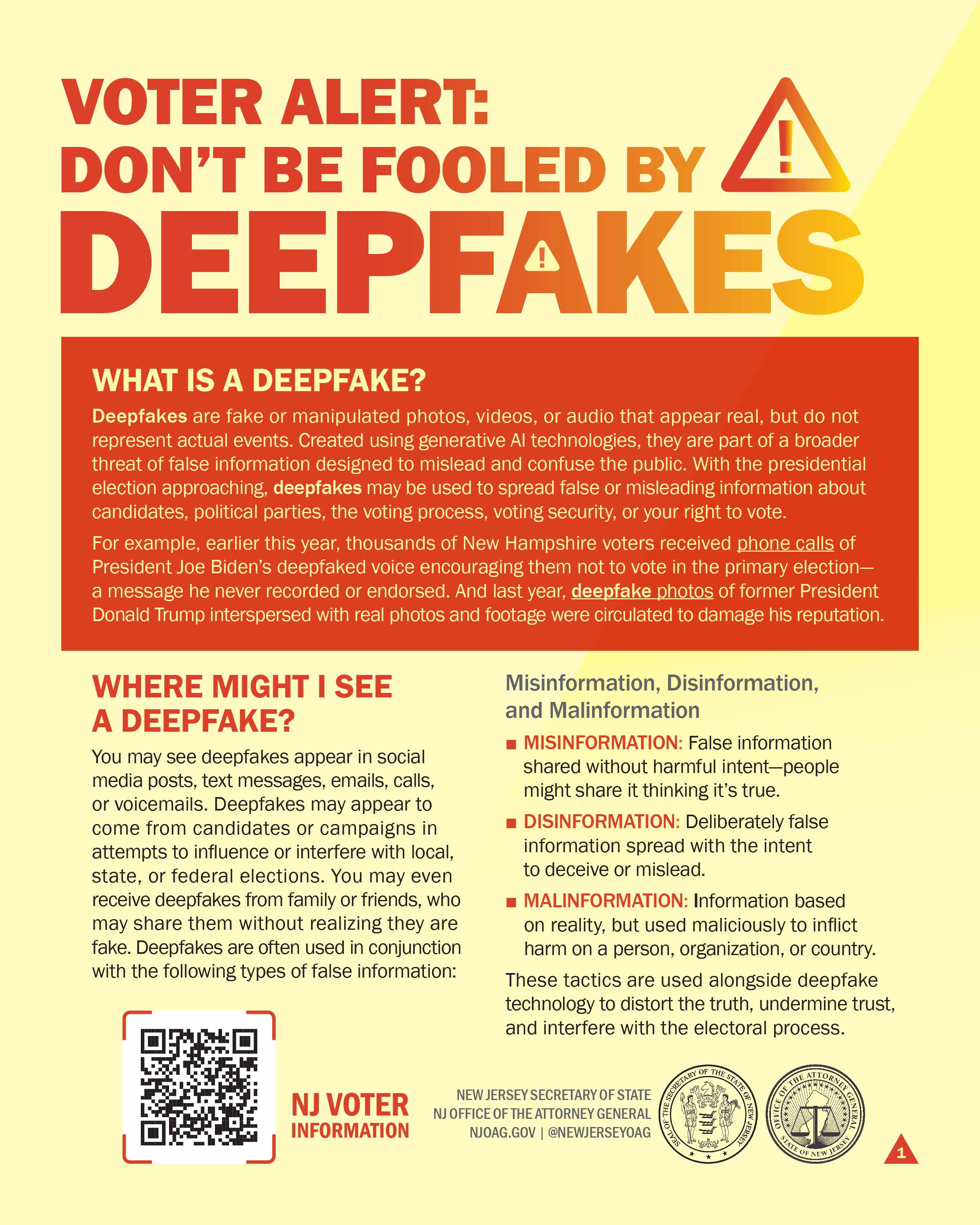 Don’t be Fooled by Deepfakes Infographic - Link - https://nj.gov/state/elections/assets/pdf/security/dont-be-fooled-by-deepfakes-infographic.pdf