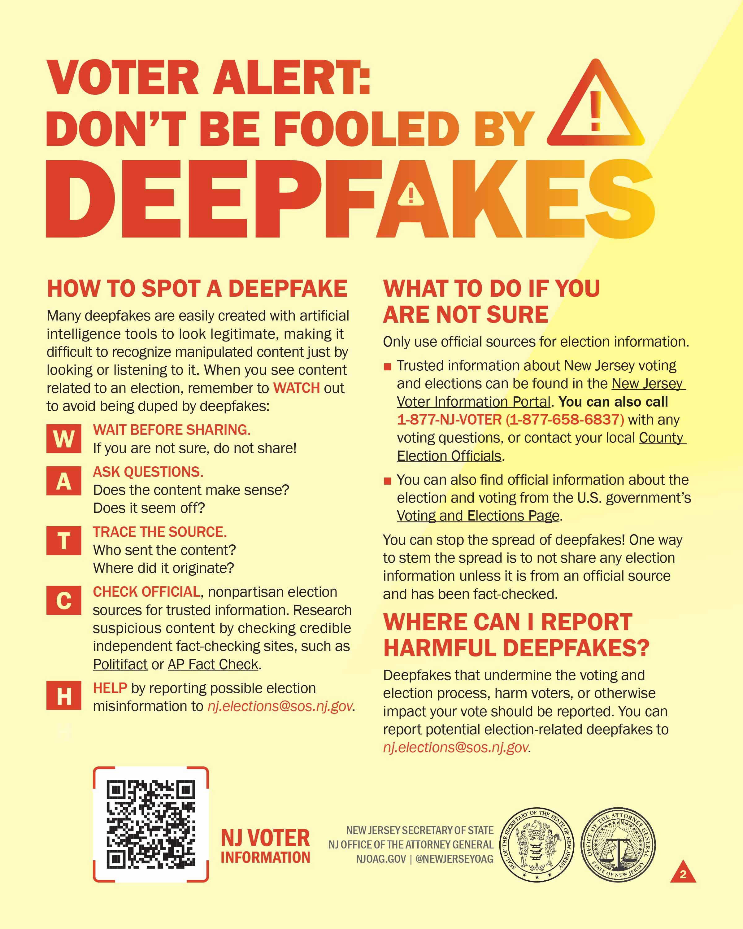 Don’t be Fooled by Deepfakes Infographic - Link - https://nj.gov/state/elections/assets/pdf/security/dont-be-fooled-by-deepfakes-infographic.pdf