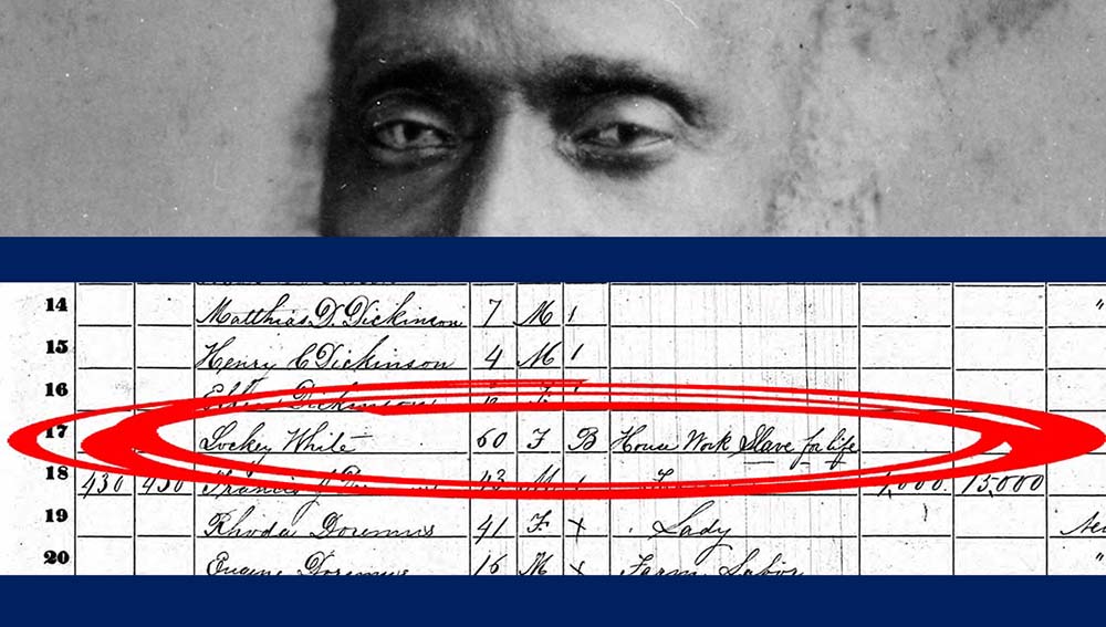 Image collage: Peter Lee who may have been illegally enslaved as a young man by the Stevens Family in Hoboken, NJ, and Lockey White’s 1860 census entry indicating that she was a 'slave for life'.