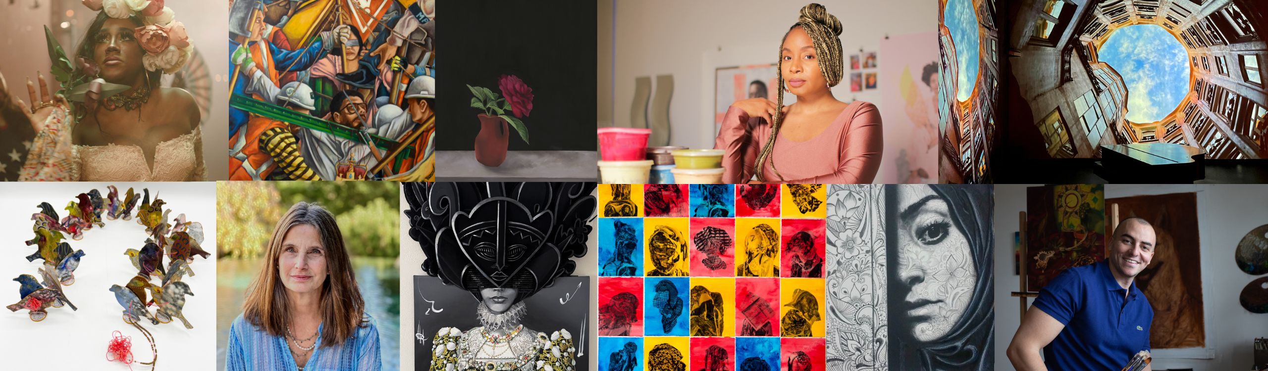 A collage of colorful photos and artworks, including portraits and abstract designs.