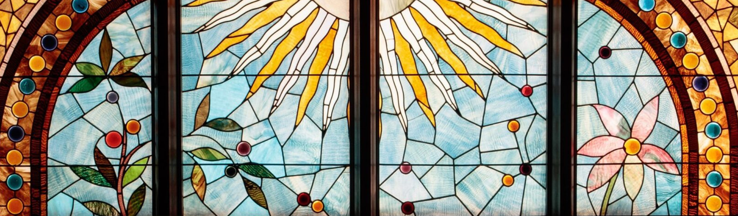 a large stained glass window picturing the sun and flowers