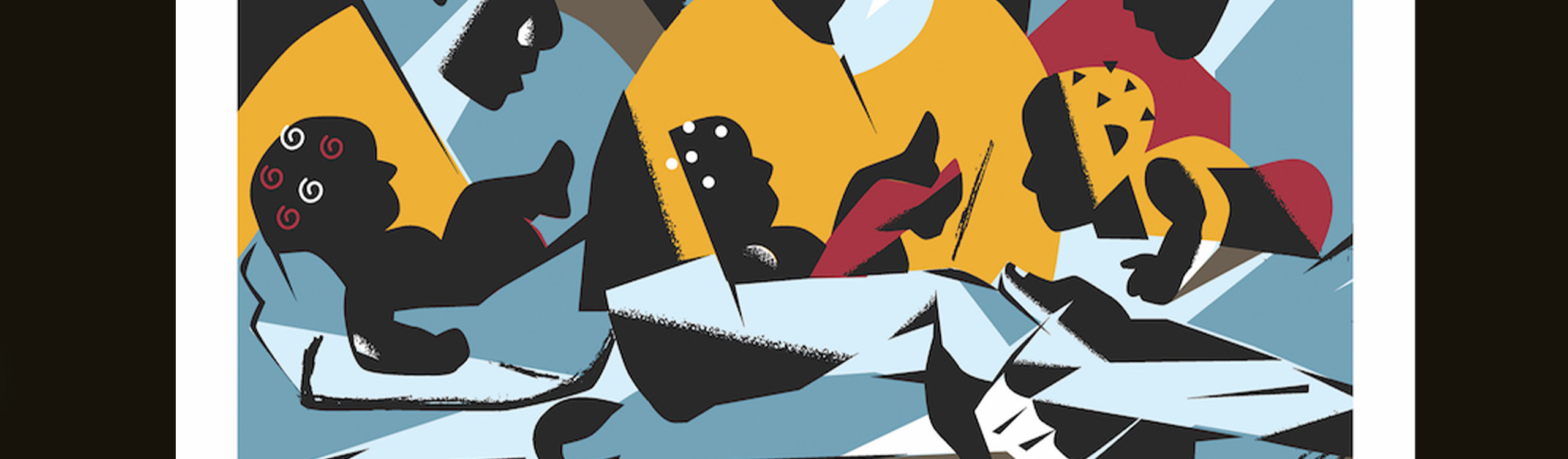 An abstract painting of three people holding babies.