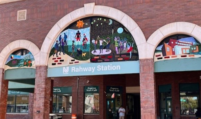 mural on facade of transit station entrance