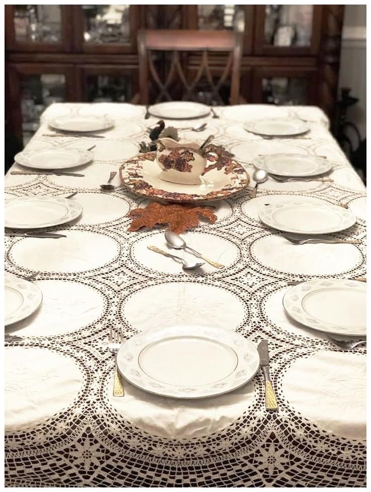 Zeynep's Thanksgiving table dressed with her grandmother's lace tablecloth