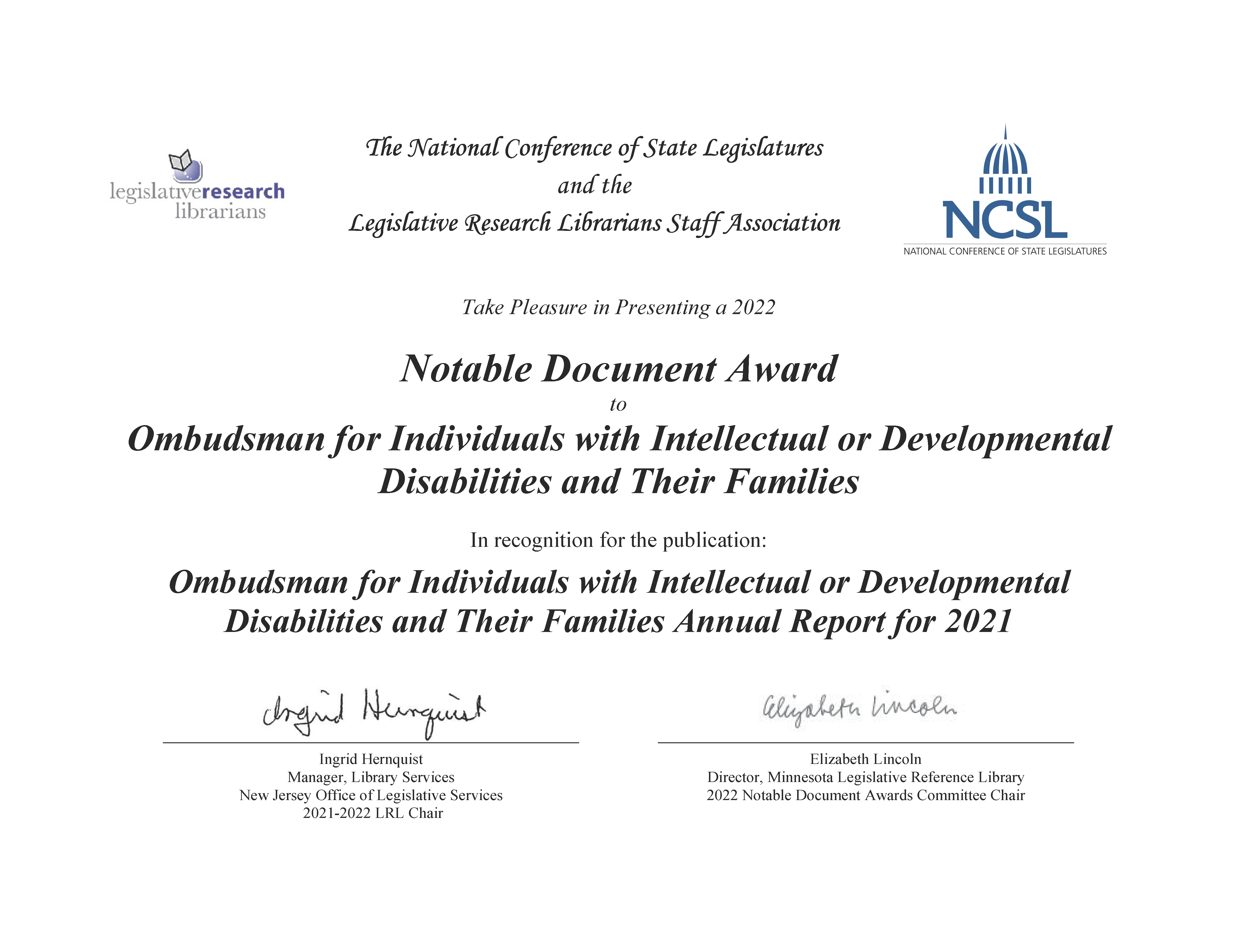 2021 Notable Document Award