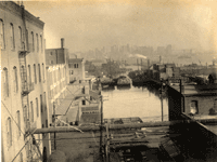 "View of the Basin of 1828 or therabouts, with the Hudson River Frontage." [looking east]